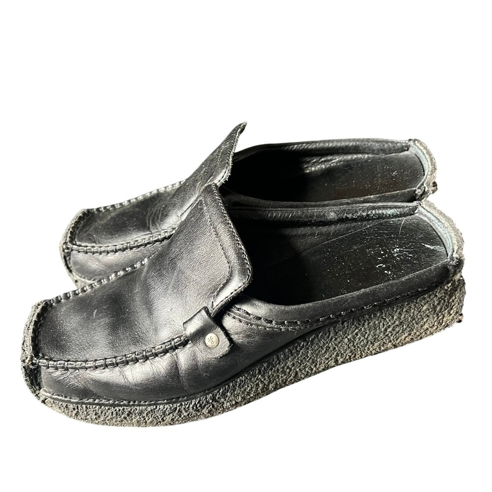 Frye Aztec Clog Black Leather Platform Mules Moc Toe Crepe Sole Womens 9M Chunky